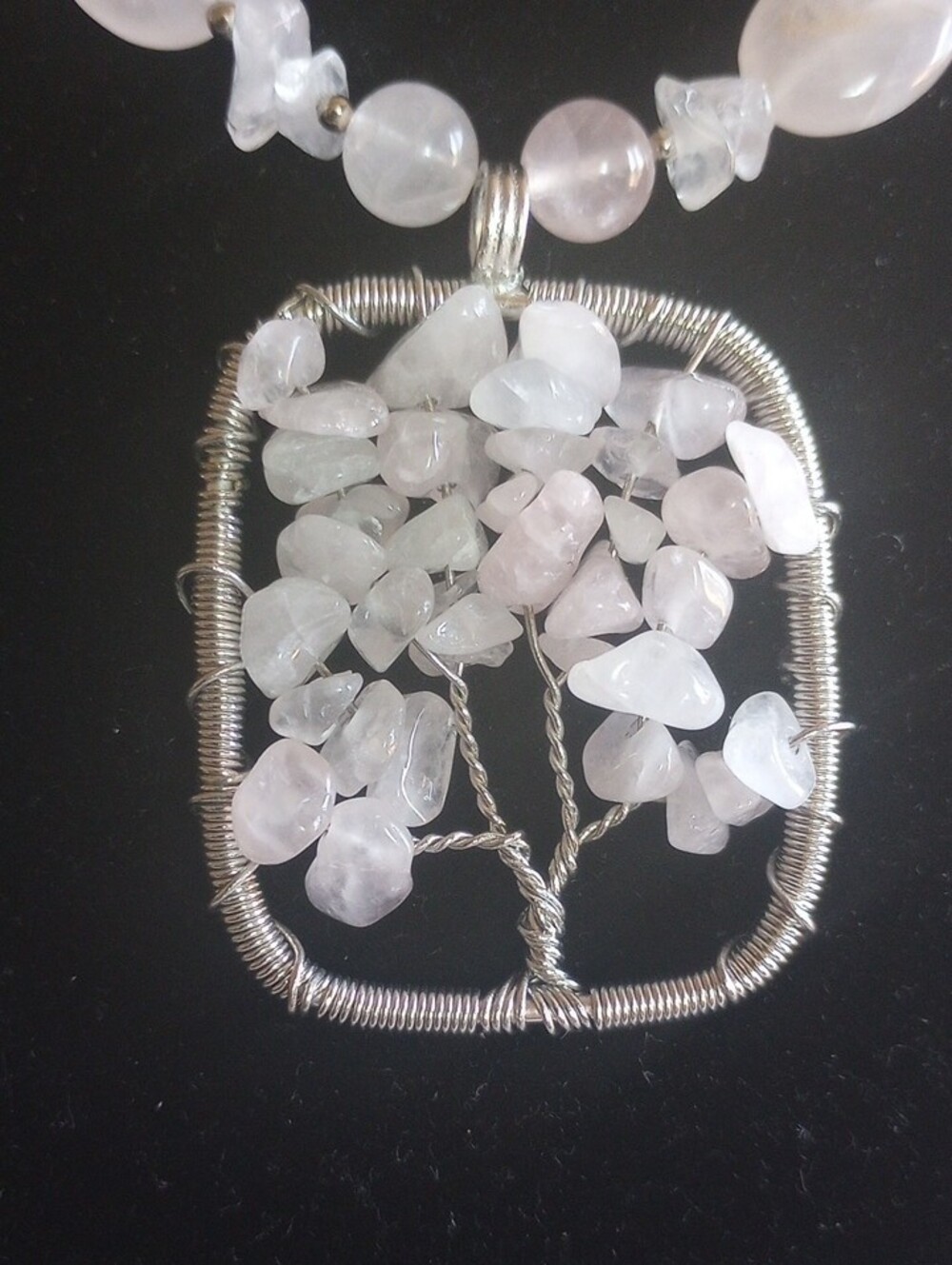 Rose Quartz Tree of Life Pendant Necklace 29" Long Natural Beads No dye.